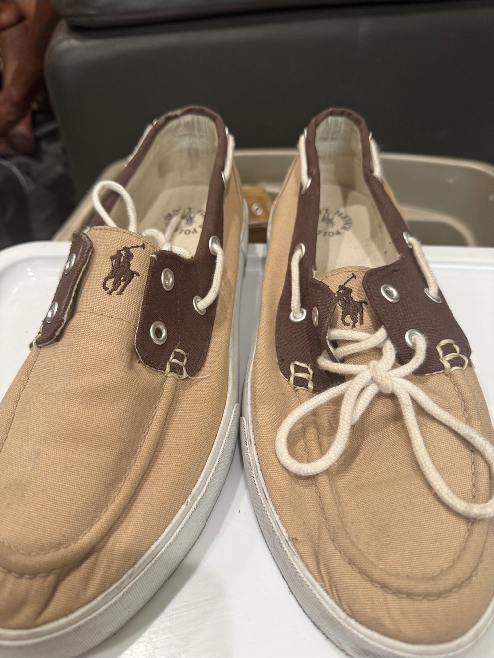 Ralph Lauren Men’s Canvas Boat Shoes in Tan with Brown Trim
